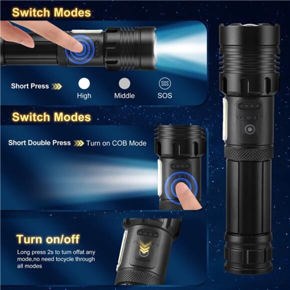Powerful Flashlight 100000 Lumens, USB Rechargeable Waterproof, Super - Picture 5 of 7